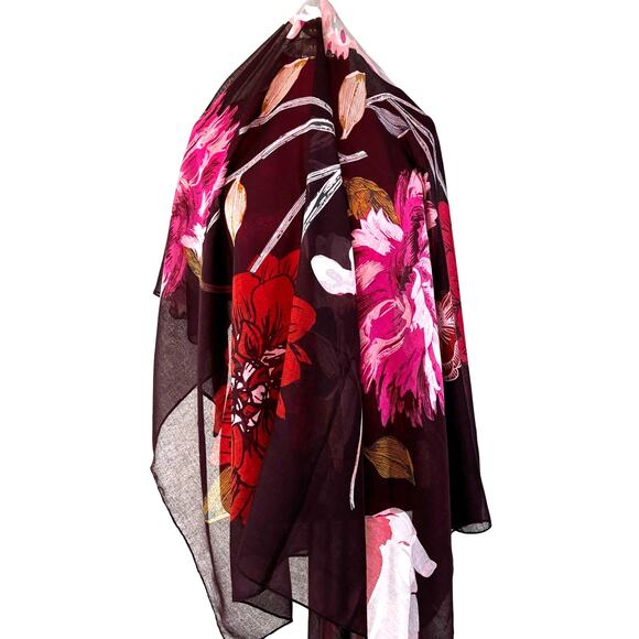 Floral Wrap Cotton Poly blend scarf shawl burgundy pink floral huge square pareo - Picture 2 of 7